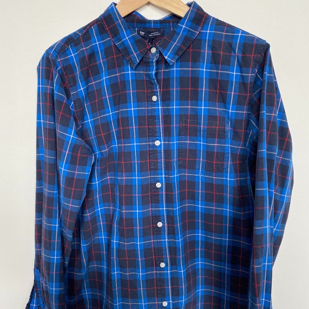 Gap Women's Blue Plaid Fitted Boyfriend Fit Shirt